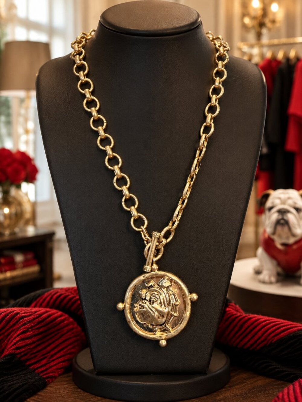 Gold Bulldog Medallion Necklace | Chunky Chain Game Day Jewelry | Georgia